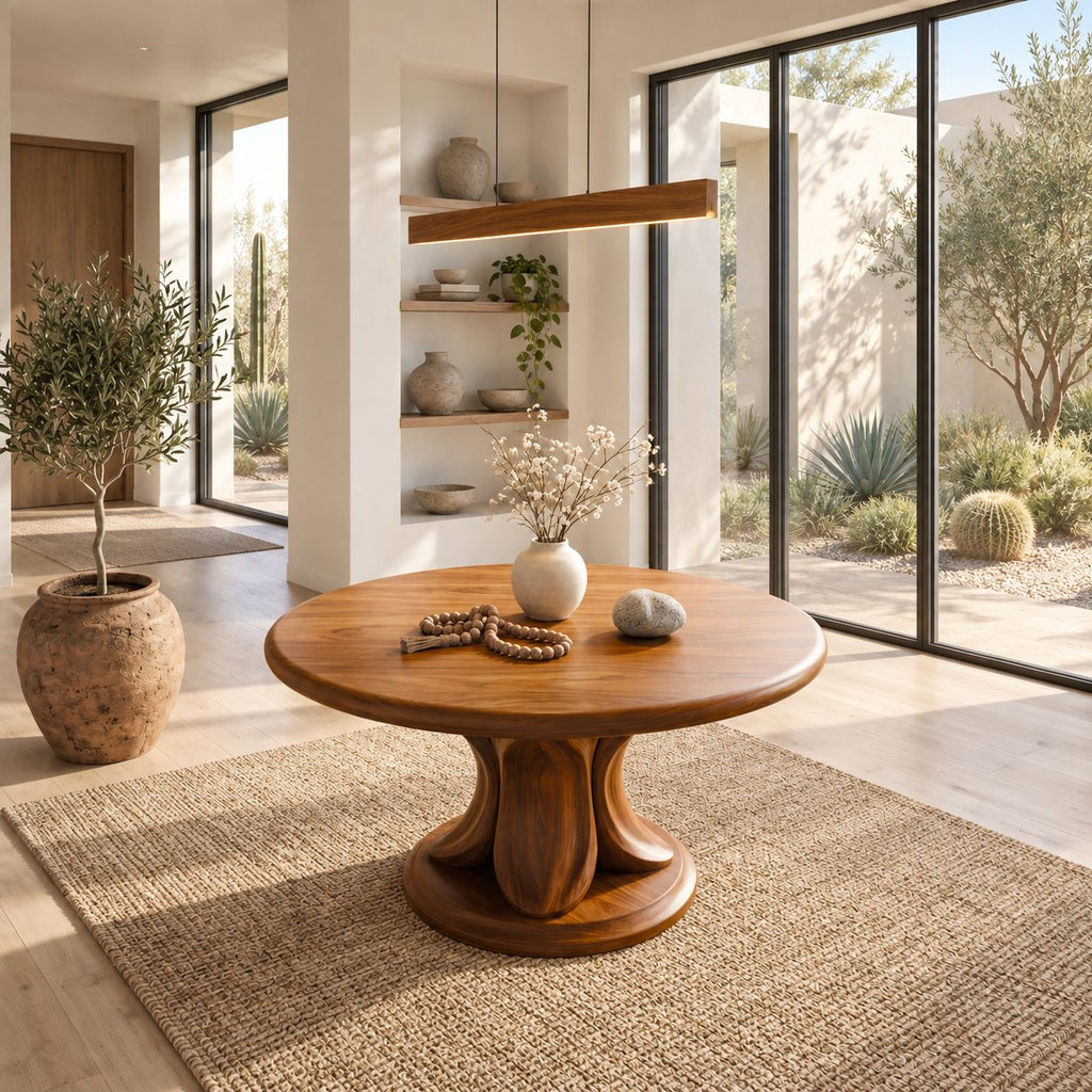 Round Entry Table with Carved Tulip Petal Pedestal on Plinth, Large Solid Wood Foyer Center Table