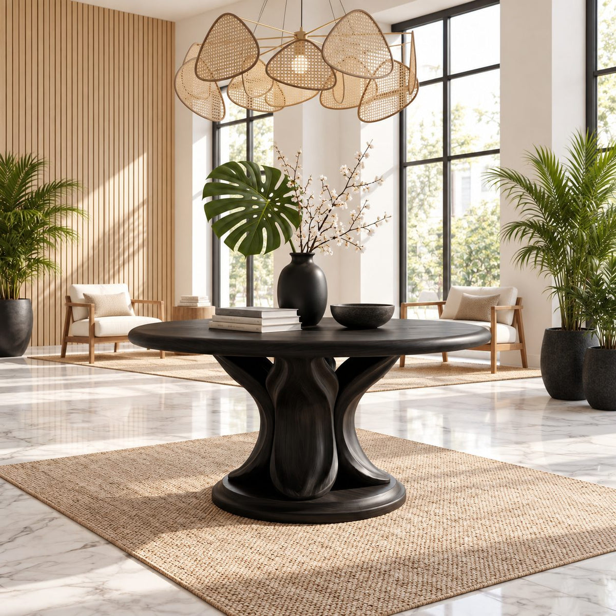 Round Entry Table with Carved Tulip Petal Pedestal on Plinth, Large Solid Wood Foyer Center Table