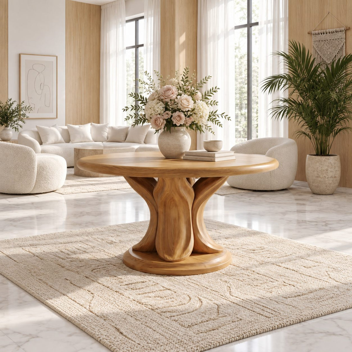 Round Entry Table with Carved Tulip Petal Pedestal on Plinth, Large Solid Wood Foyer Center Table