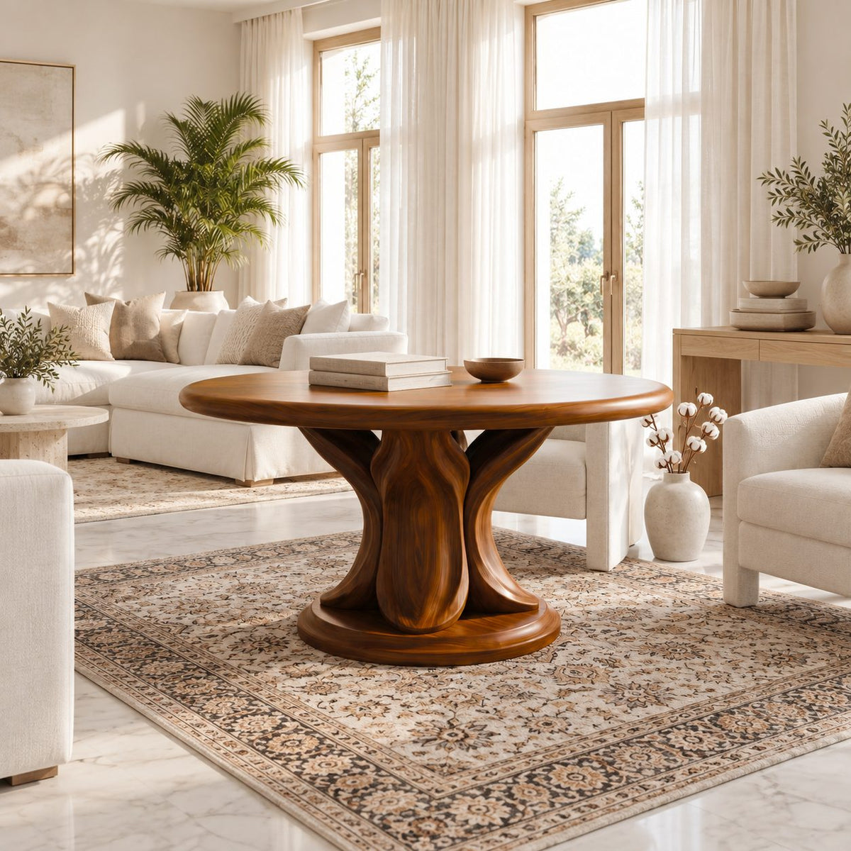 Round Entry Table with Carved Tulip Petal Pedestal on Plinth, Large Solid Wood Foyer Center Table