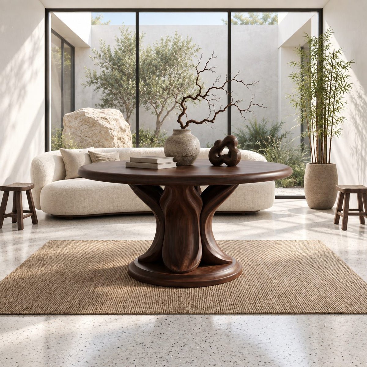 Round Entry Table with Carved Tulip Petal Pedestal on Plinth, Large Solid Wood Foyer Center Table