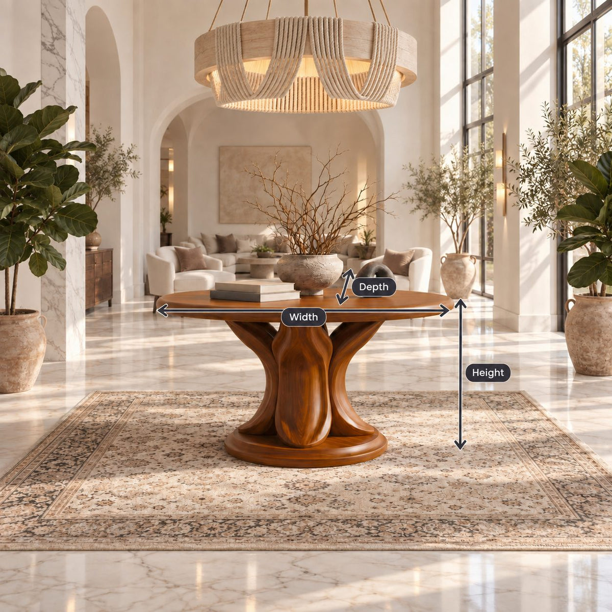 Round Entry Table with Carved Tulip Petal Pedestal on Plinth, Large Solid Wood Foyer Center Table