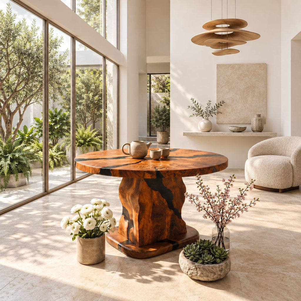 Rustic Stump Pedestal Foyer Table with Natural Crack Round Top, Solid Wood Entryway Accent Table