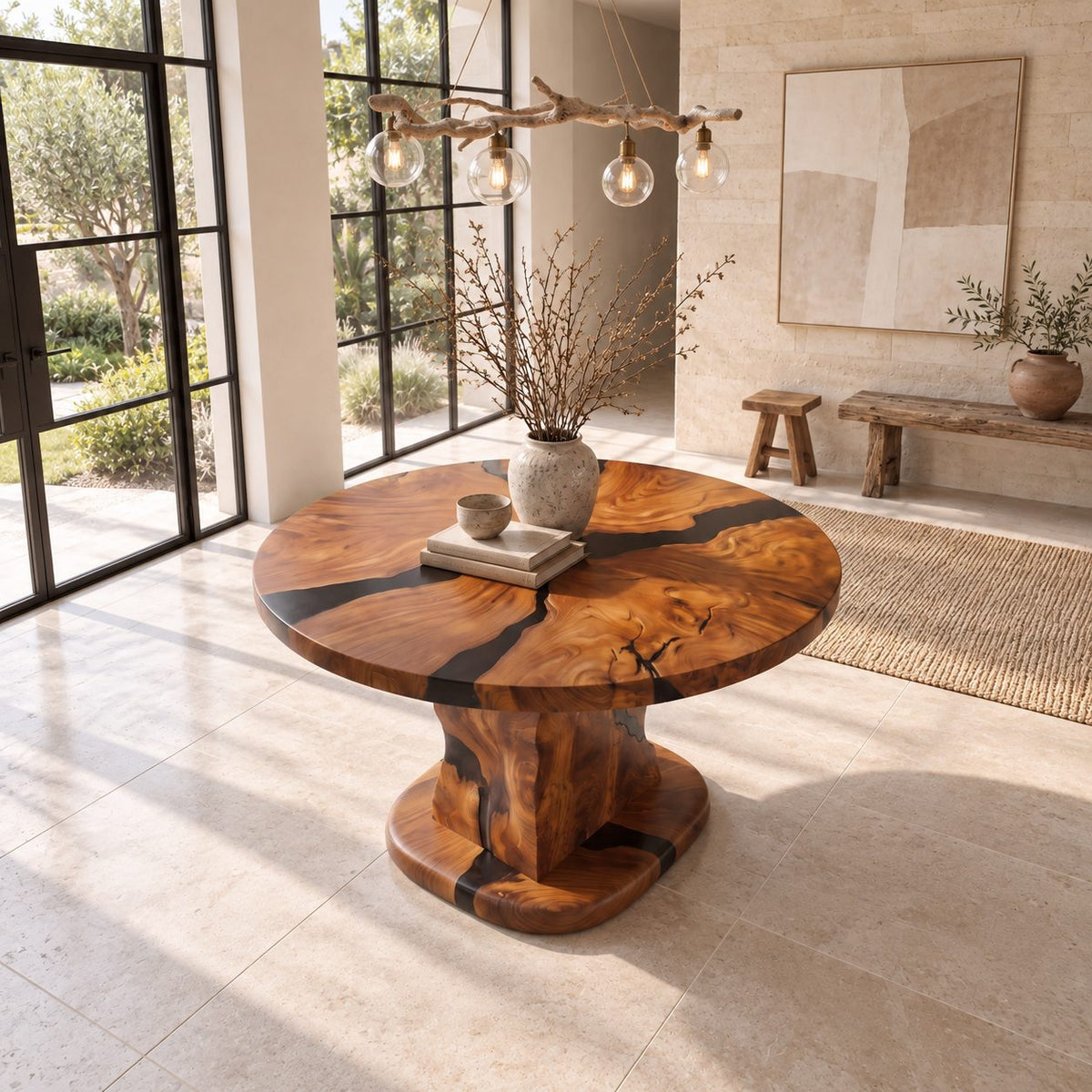 Rustic Stump Pedestal Foyer Table with Natural Crack Round Top, Solid Wood Entryway Accent Table