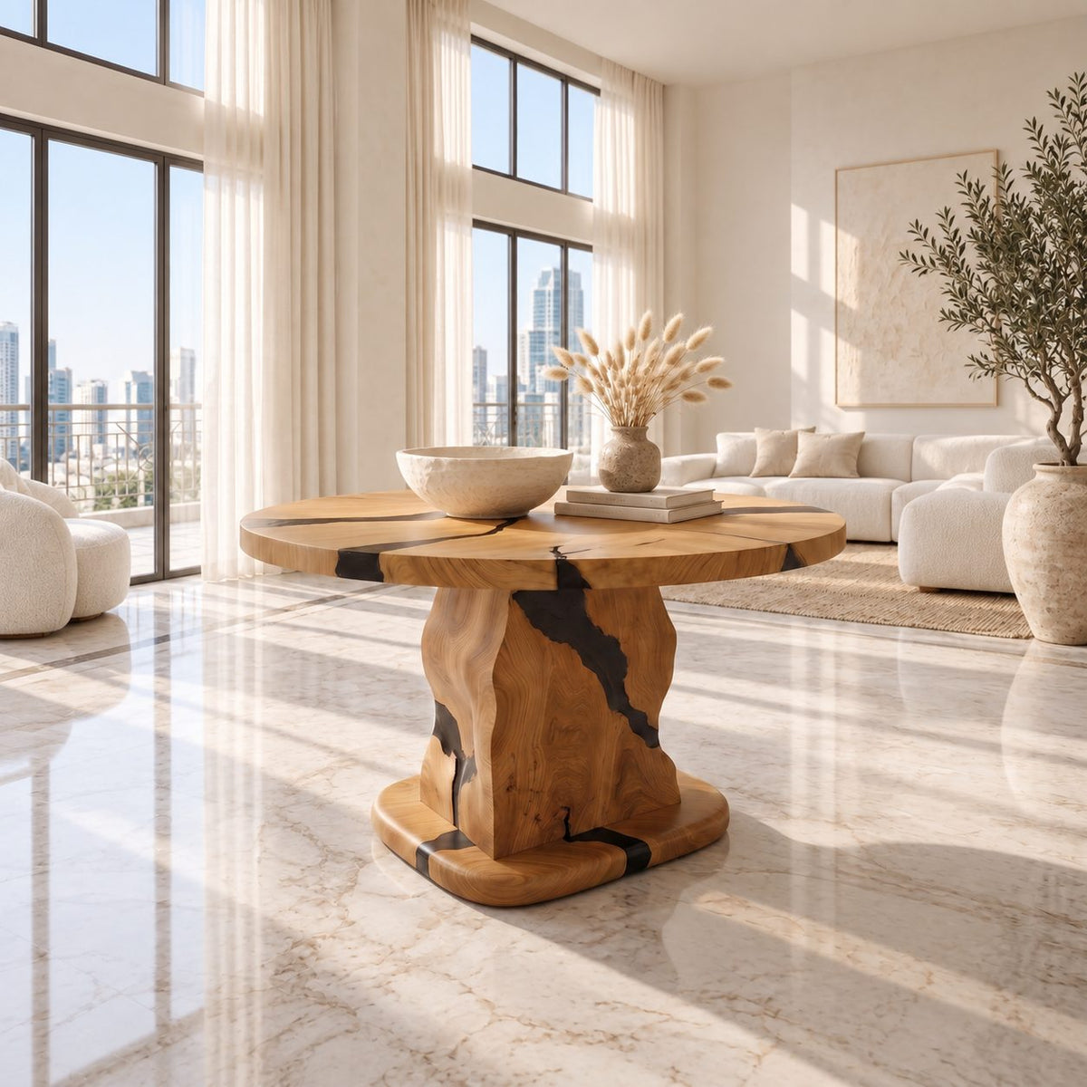 Rustic Stump Pedestal Foyer Table with Natural Crack Round Top, Solid Wood Entryway Accent Table