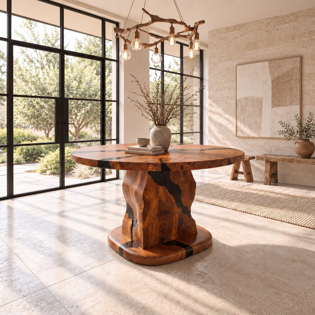 Rustic Stump Pedestal Foyer Table with Natural Crack Round Top, Solid Wood Entryway Accent Table