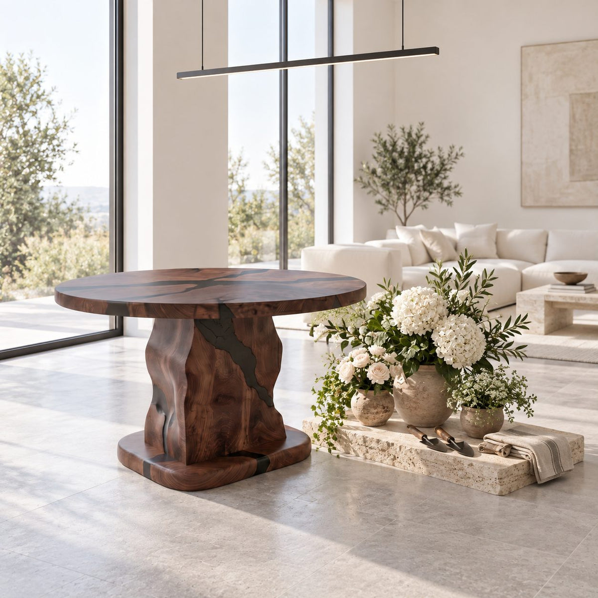Rustic Stump Pedestal Foyer Table with Natural Crack Round Top, Solid Wood Entryway Accent Table