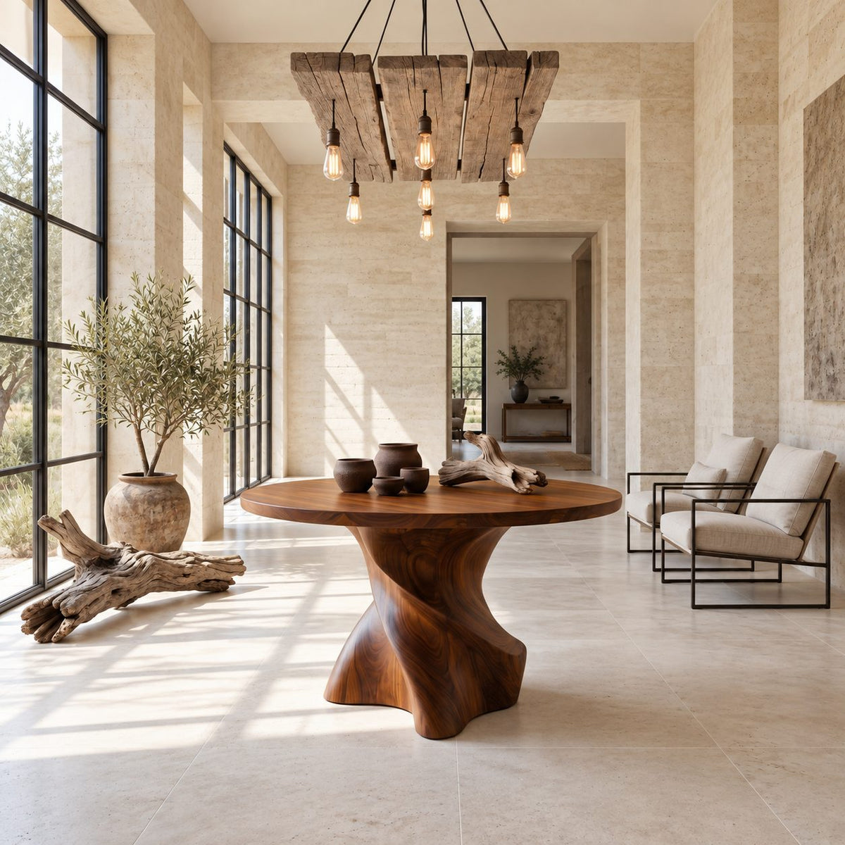 Organic Twisted Pedestal Round Foyer Table, Freeform Sculpted Solid Wood Entryway Center Table