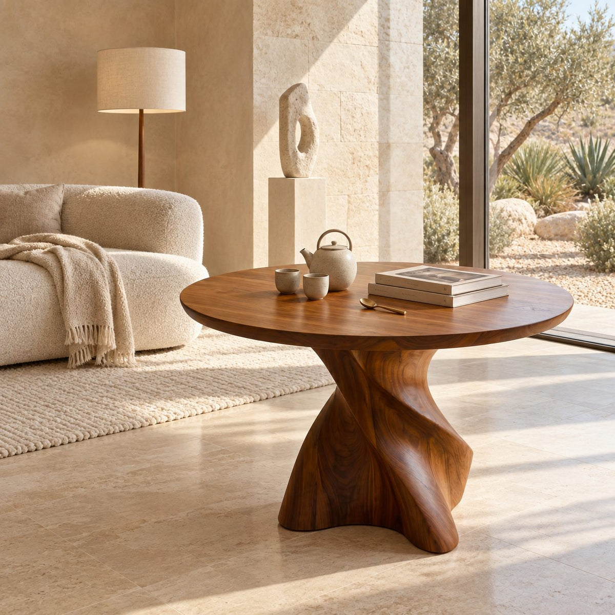Organic Twisted Pedestal Round Foyer Table, Freeform Sculpted Solid Wood Entryway Center Table