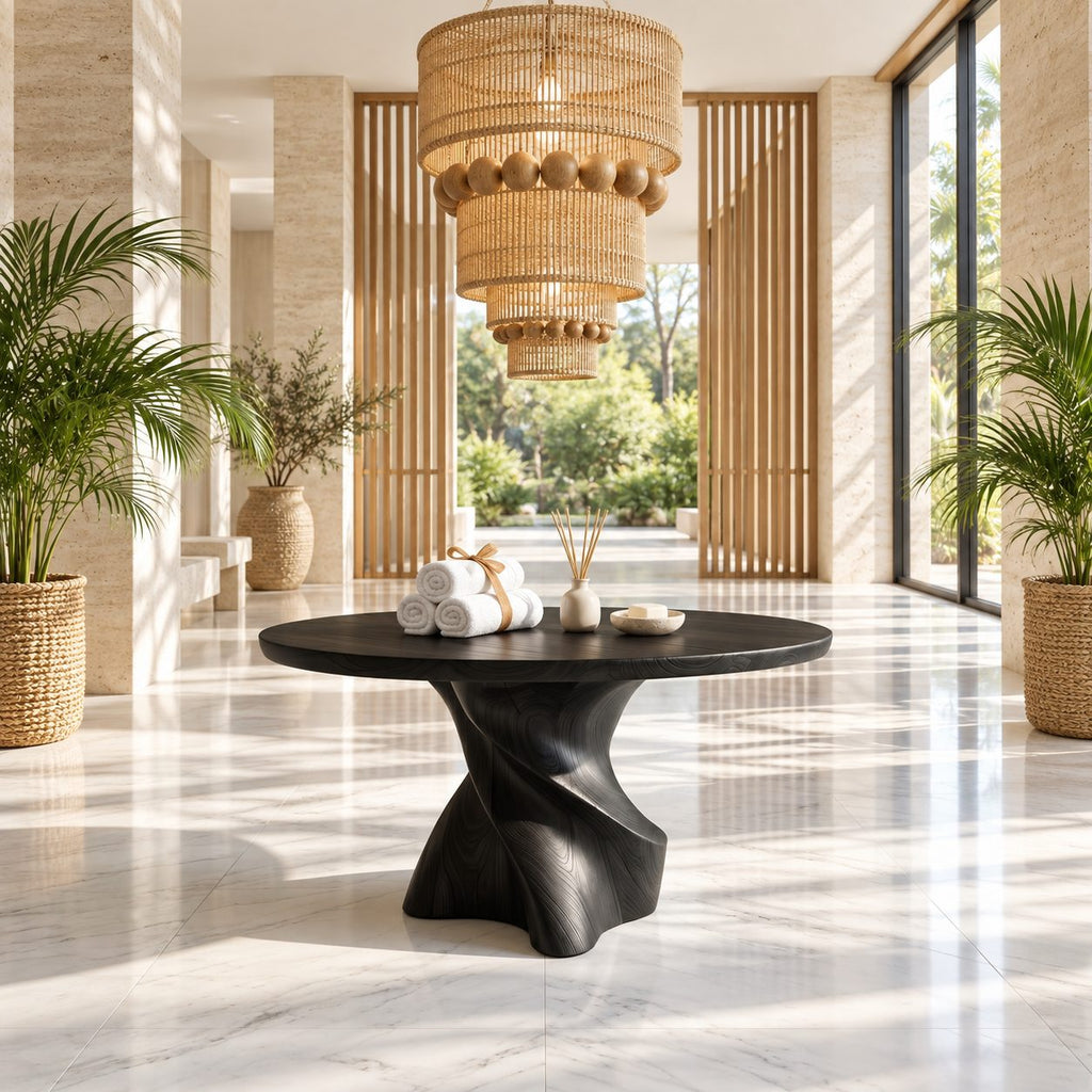 Organic Twisted Pedestal Round Foyer Table, Freeform Sculpted Solid Wood Entryway Center Table
