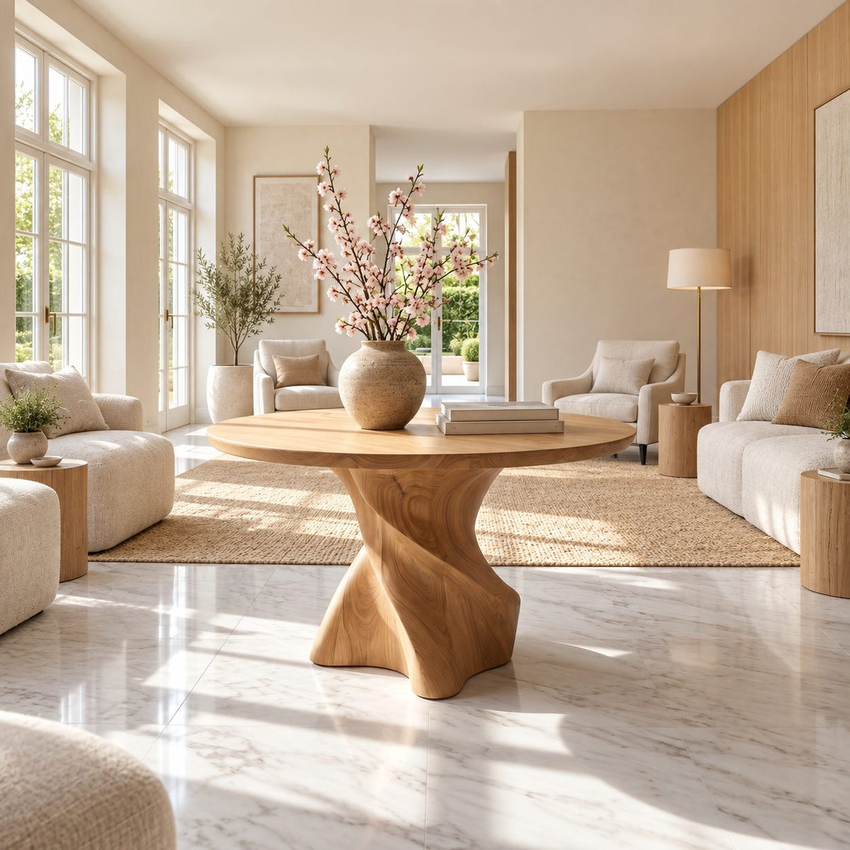 Organic Twisted Pedestal Round Foyer Table, Freeform Sculpted Solid Wood Entryway Center Table