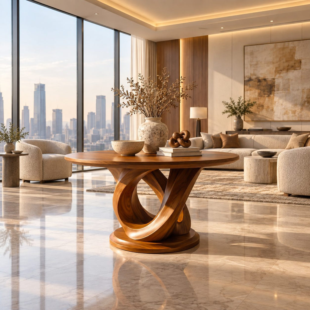 Round Foyer Table with Interlocking Loop Ribbon Base on Plinth, Sculptural Solid Wood Entryway Table