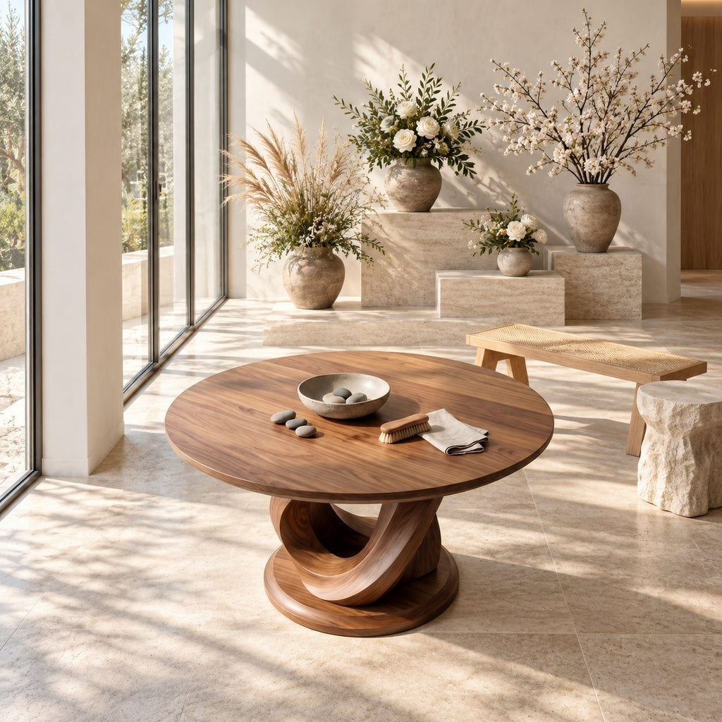 Round Foyer Table with Interlocking Loop Ribbon Base on Plinth, Sculptural Solid Wood Entryway Table