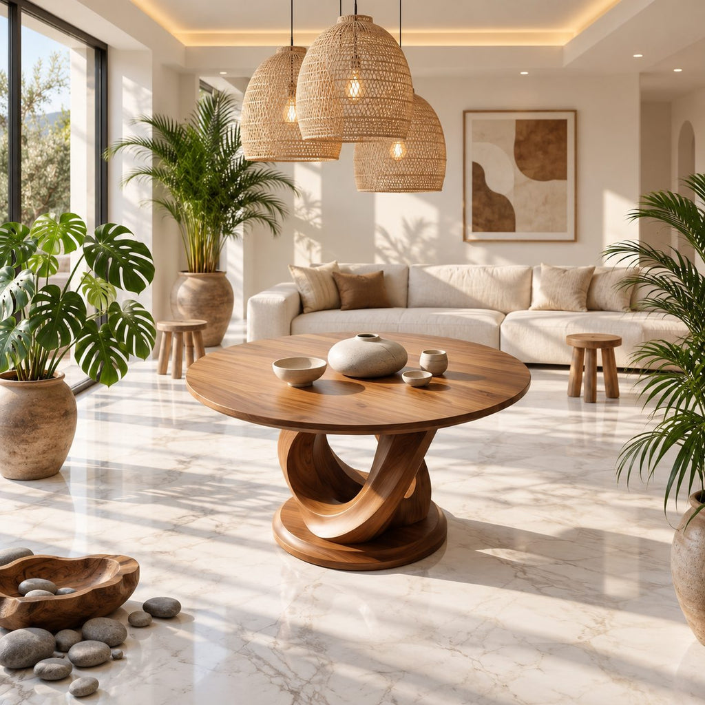 Round Foyer Table with Interlocking Loop Ribbon Base on Plinth, Sculptural Solid Wood Entryway Table