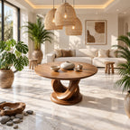 Round Foyer Table with Interlocking Loop Ribbon Base on Plinth, Sculptural Solid Wood Entryway Table