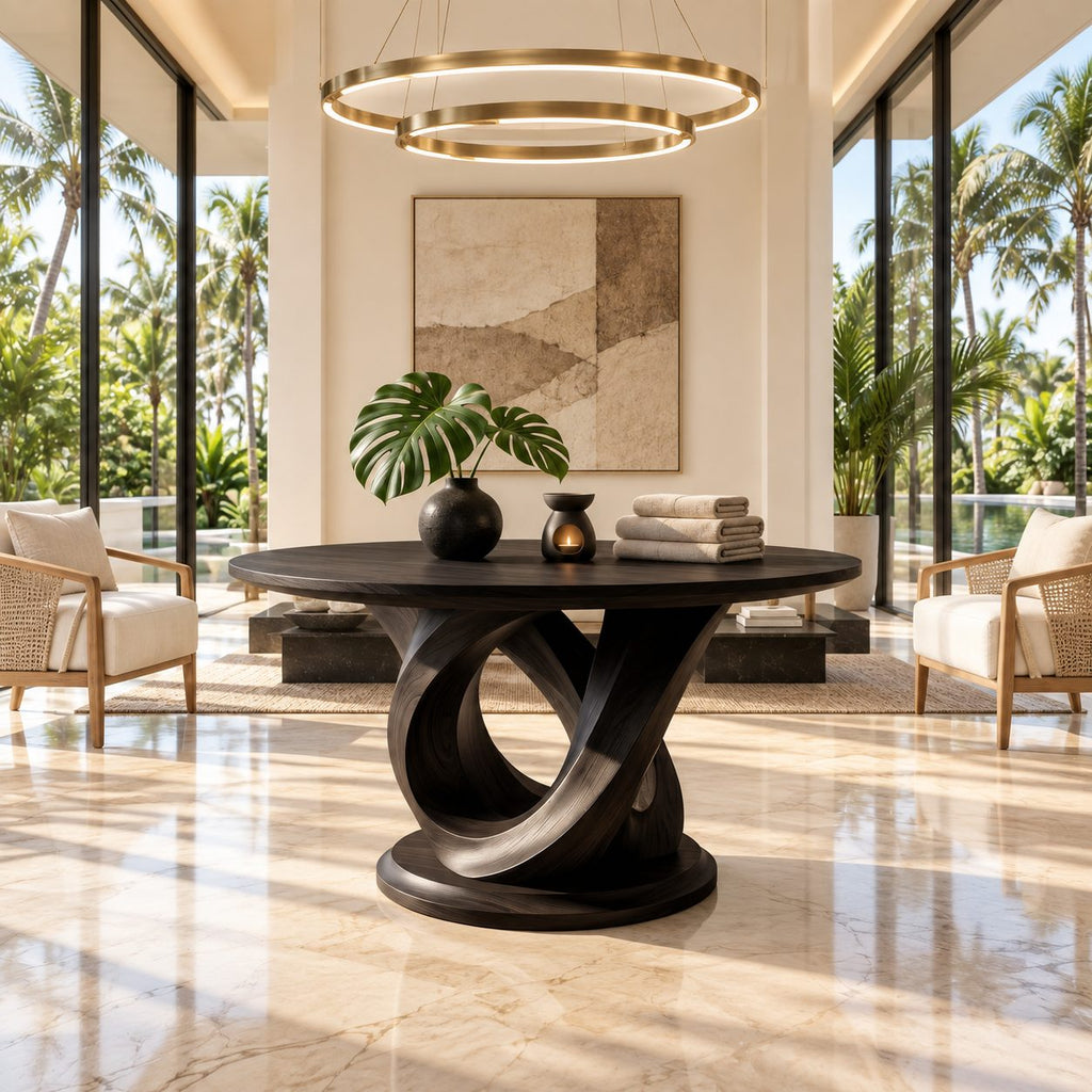 Round Foyer Table with Interlocking Loop Ribbon Base on Plinth, Sculptural Solid Wood Entryway Table