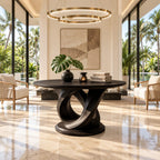 Round Foyer Table with Interlocking Loop Ribbon Base on Plinth, Sculptural Solid Wood Entryway Table