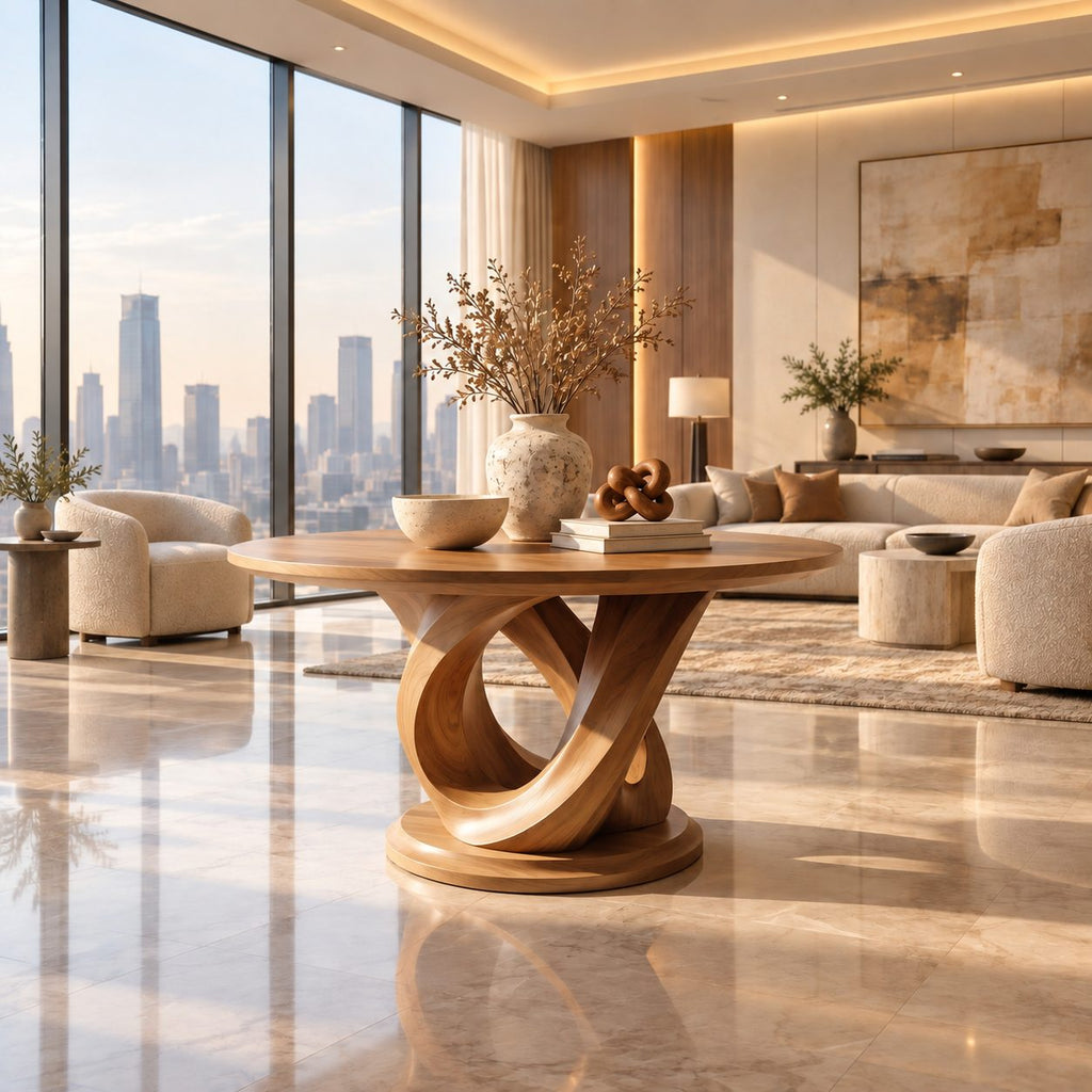 Round Foyer Table with Interlocking Loop Ribbon Base on Plinth, Sculptural Solid Wood Entryway Table