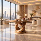 Round Foyer Table with Interlocking Loop Ribbon Base on Plinth, Sculptural Solid Wood Entryway Table