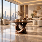 Round Foyer Table with Interlocking Loop Ribbon Base on Plinth, Sculptural Solid Wood Entryway Table