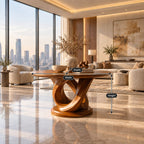 Round Foyer Table with Interlocking Loop Ribbon Base on Plinth, Sculptural Solid Wood Entryway Table