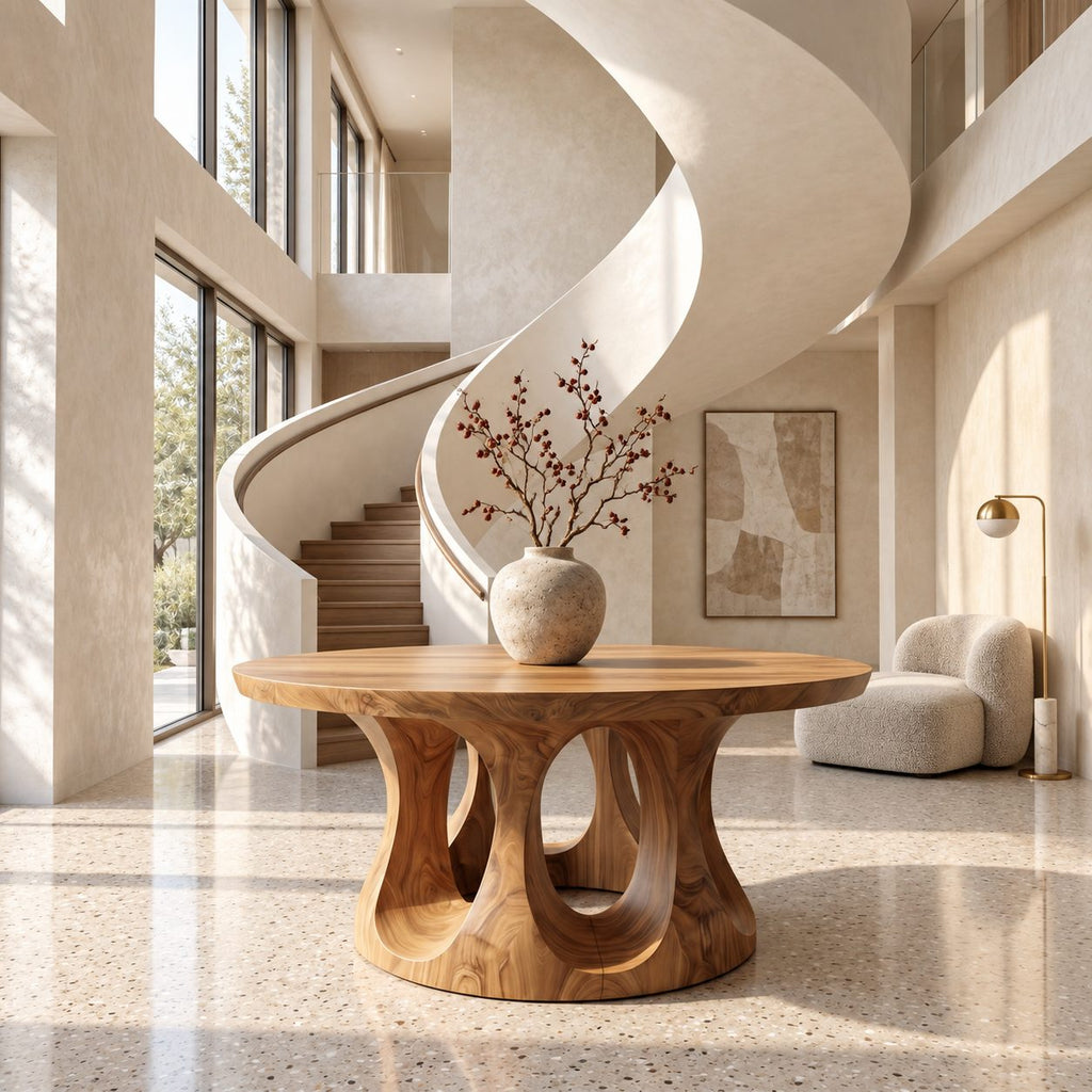Round Entryway Table with Dual Ring Arched Pedestal Base, Organic Solid Wood Foyer and Hallway Table