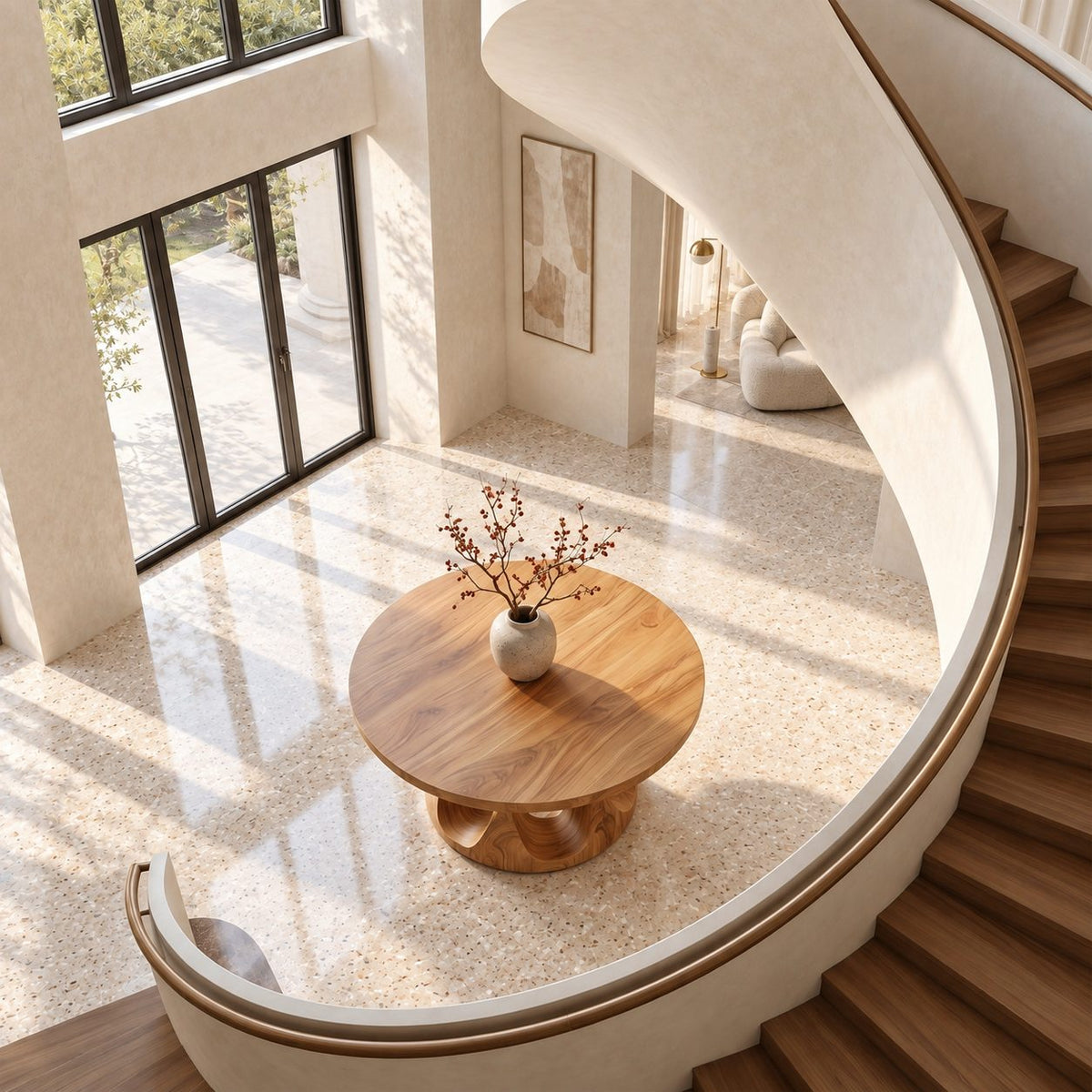 Round Entryway Table with Dual Ring Arched Pedestal Base, Organic Solid Wood Foyer and Hallway Table