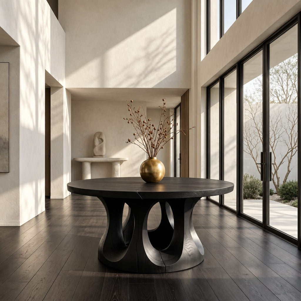Round Entryway Table with Dual Ring Arched Pedestal Base, Organic Solid Wood Foyer and Hallway Table