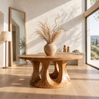 Round Entryway Table with Dual Ring Arched Pedestal Base, Organic Solid Wood Foyer and Hallway Table