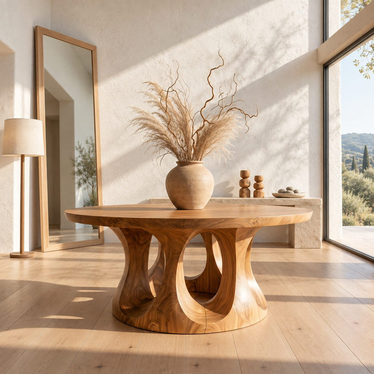 Round Entryway Table with Dual Ring Arched Pedestal Base, Organic Solid Wood Foyer and Hallway Table