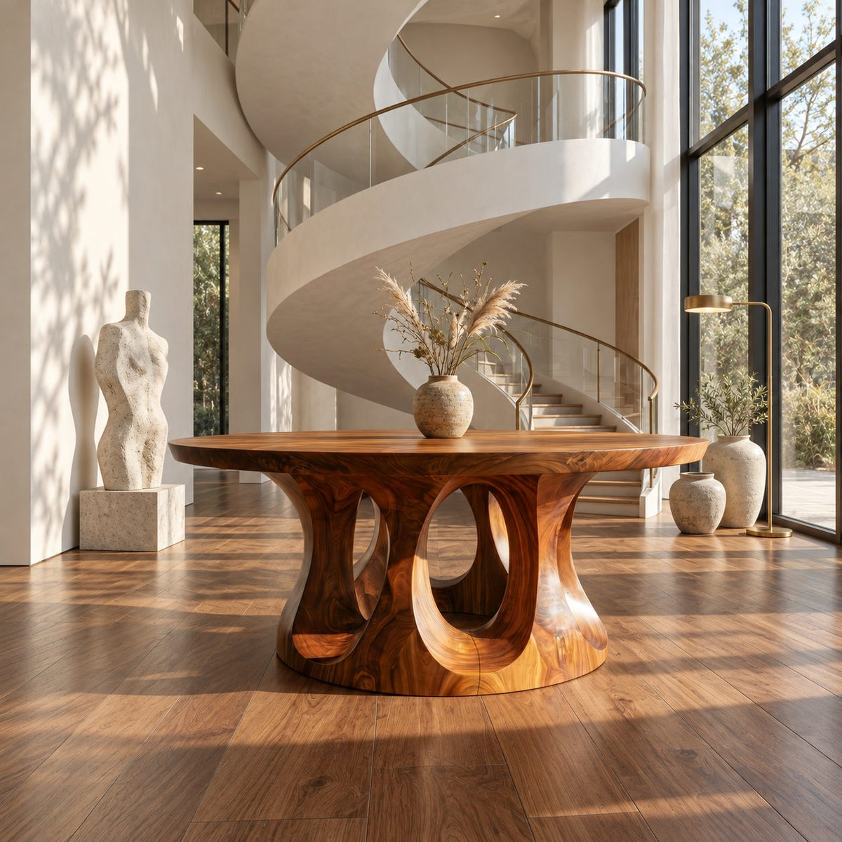 Round Entryway Table with Dual Ring Arched Pedestal Base, Organic Solid Wood Foyer and Hallway Table