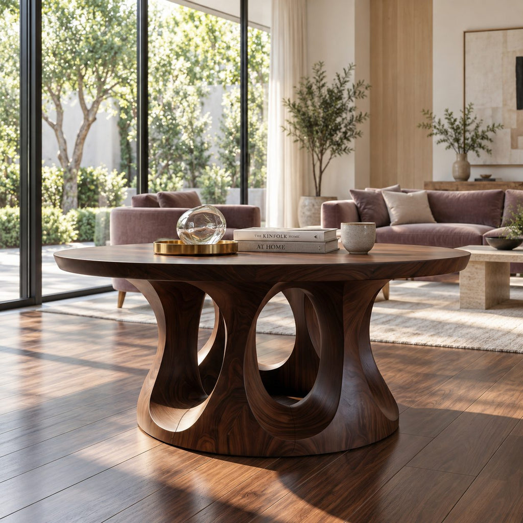 Round Entryway Table with Dual Ring Arched Pedestal Base, Organic Solid Wood Foyer and Hallway Table