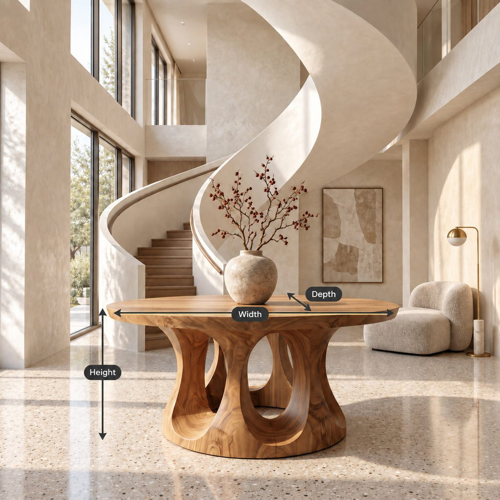Round Entryway Table with Dual Ring Arched Pedestal Base, Organic Solid Wood Foyer and Hallway Table