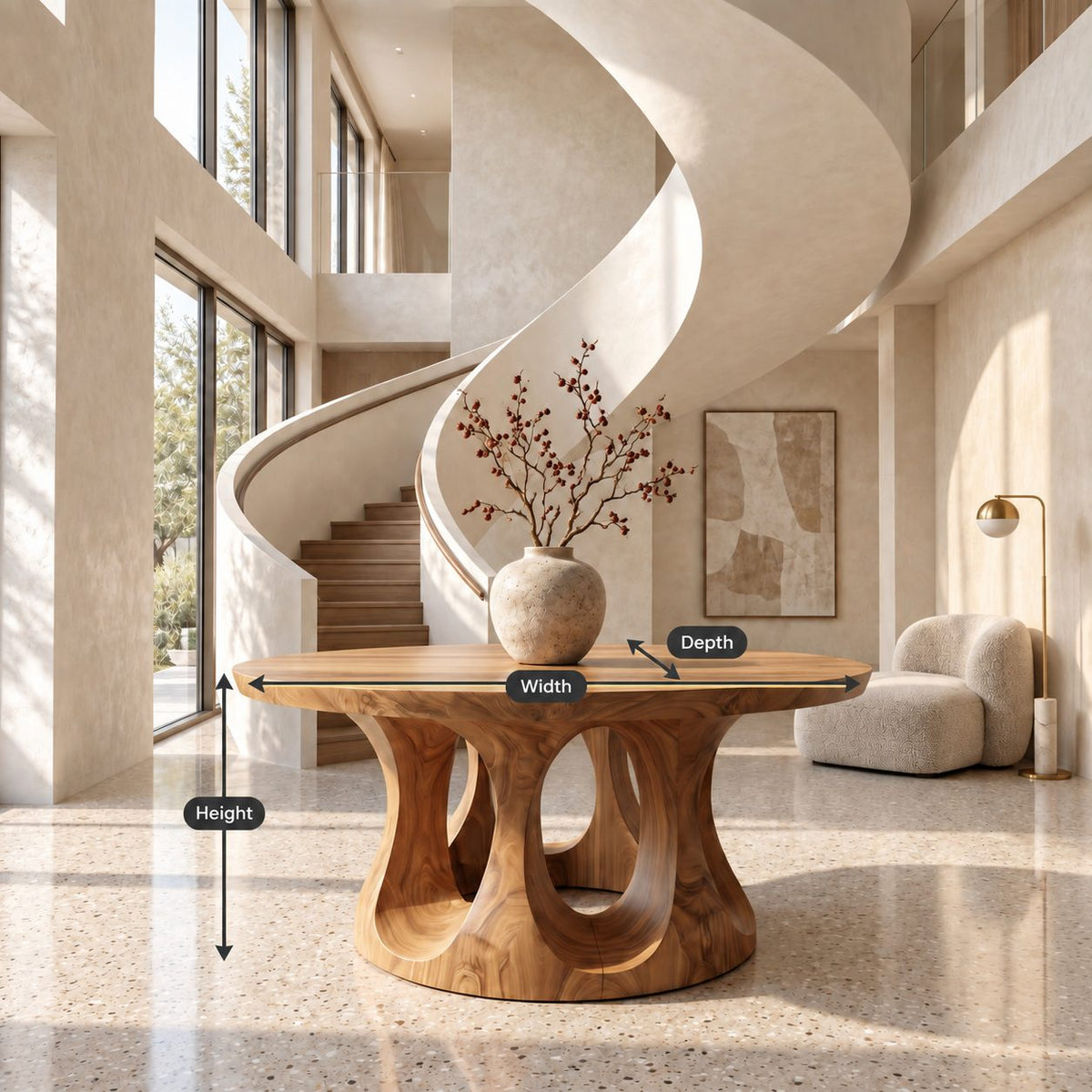 Round Entryway Table with Dual Ring Arched Pedestal Base, Organic Solid Wood Foyer and Hallway Table