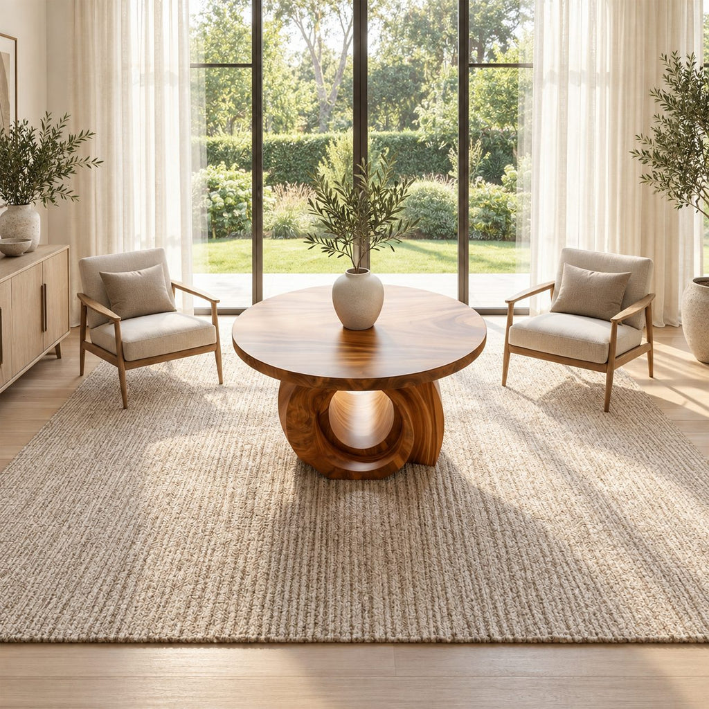 Round Foyer Table with Carved Ring Pedestal Base, Chunky Solid Wood Entry Table for Hallway