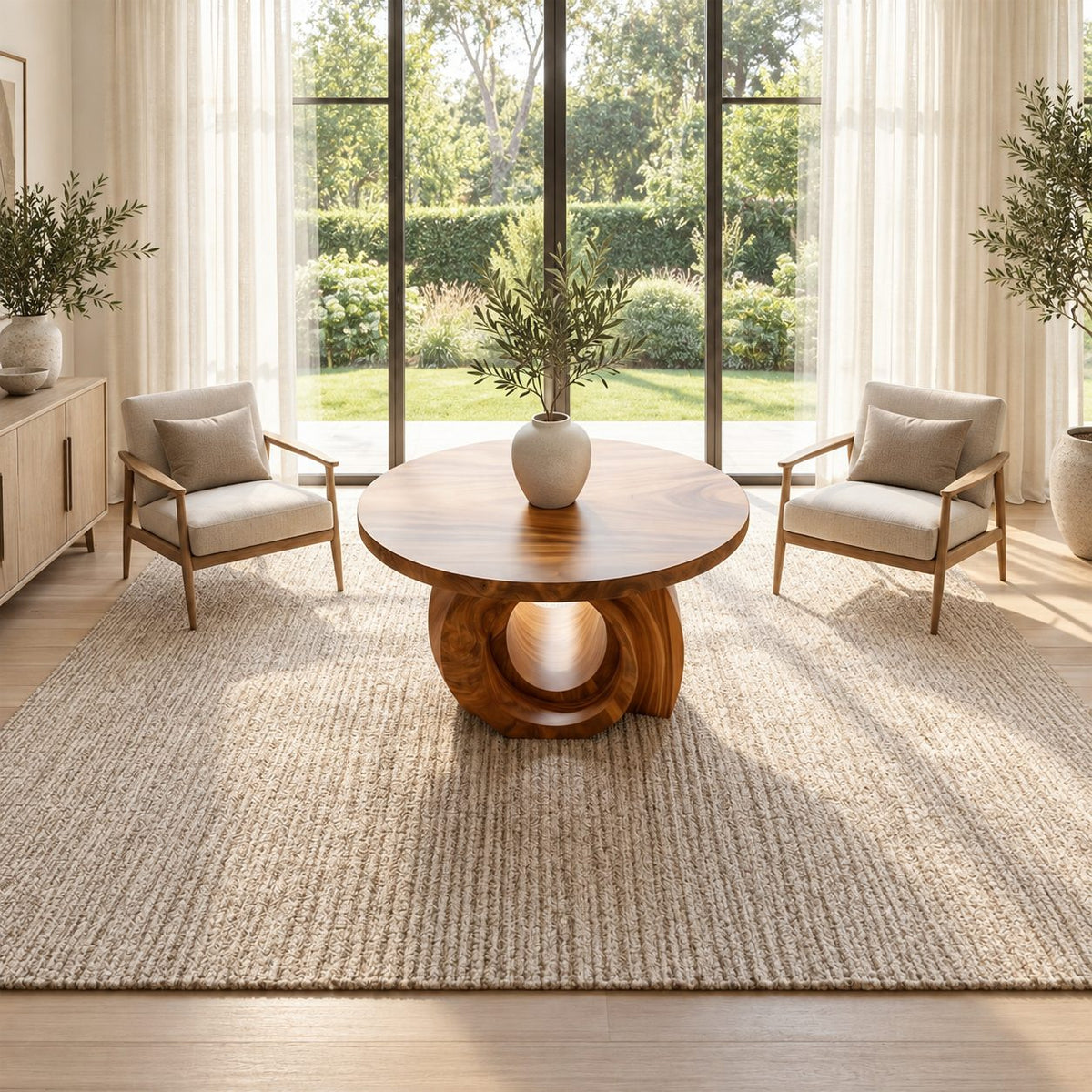 Round Foyer Table with Carved Ring Pedestal Base, Chunky Solid Wood Entry Table for Hallway