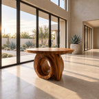 Round Foyer Table with Carved Ring Pedestal Base, Chunky Solid Wood Entry Table for Hallway