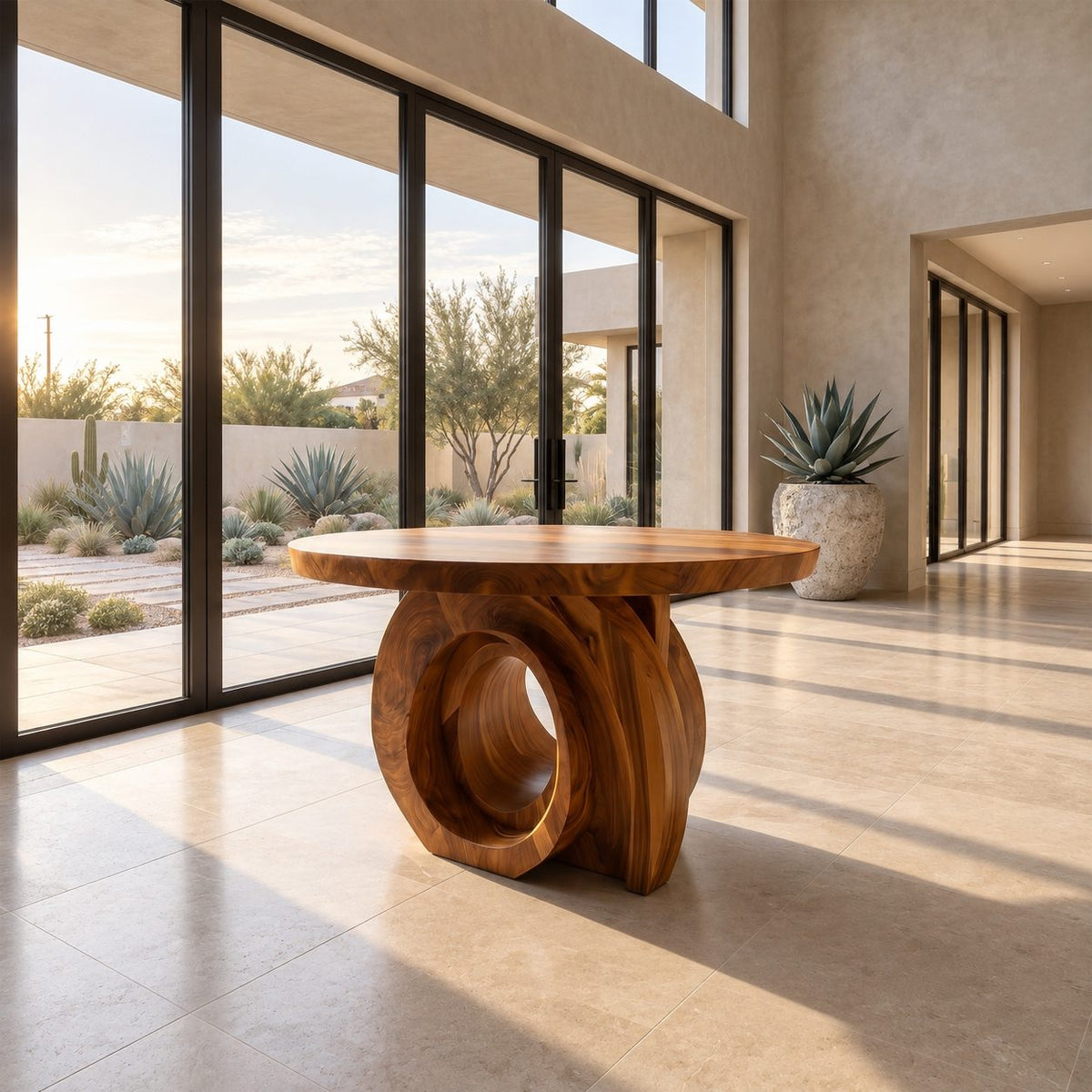 Round Foyer Table with Carved Ring Pedestal Base, Chunky Solid Wood Entry Table for Hallway