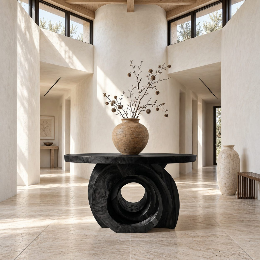 Round Foyer Table with Carved Ring Pedestal Base, Chunky Solid Wood Entry Table for Hallway
