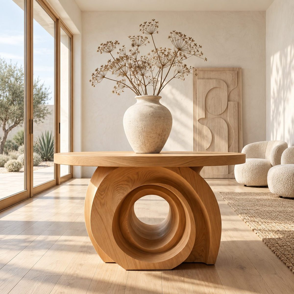 Round Foyer Table with Carved Ring Pedestal Base, Chunky Solid Wood Entry Table for Hallway