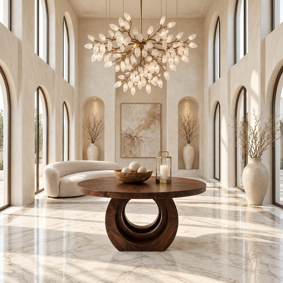 Contemporary Round Foyer Table with Open Ring Arch Base, Solid Wood Entryway Center Table