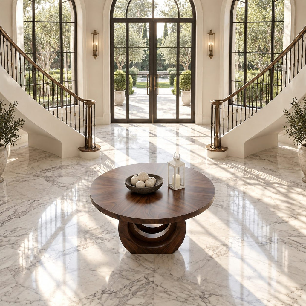 Contemporary Round Foyer Table with Open Ring Arch Base, Solid Wood Entryway Center Table