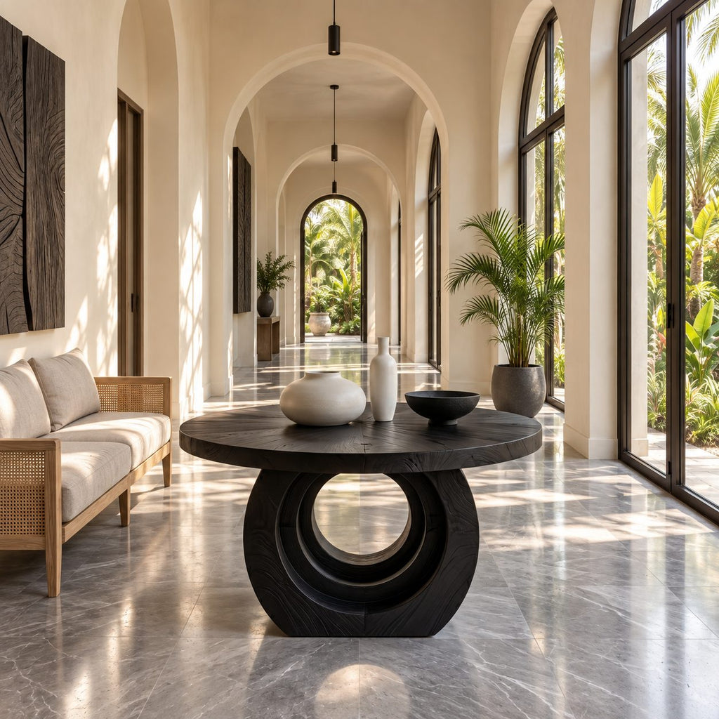 Contemporary Round Foyer Table with Open Ring Arch Base, Solid Wood Entryway Center Table