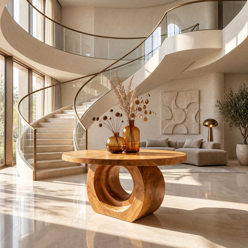 Contemporary Round Foyer Table with Open Ring Arch Base, Solid Wood Entryway Center Table