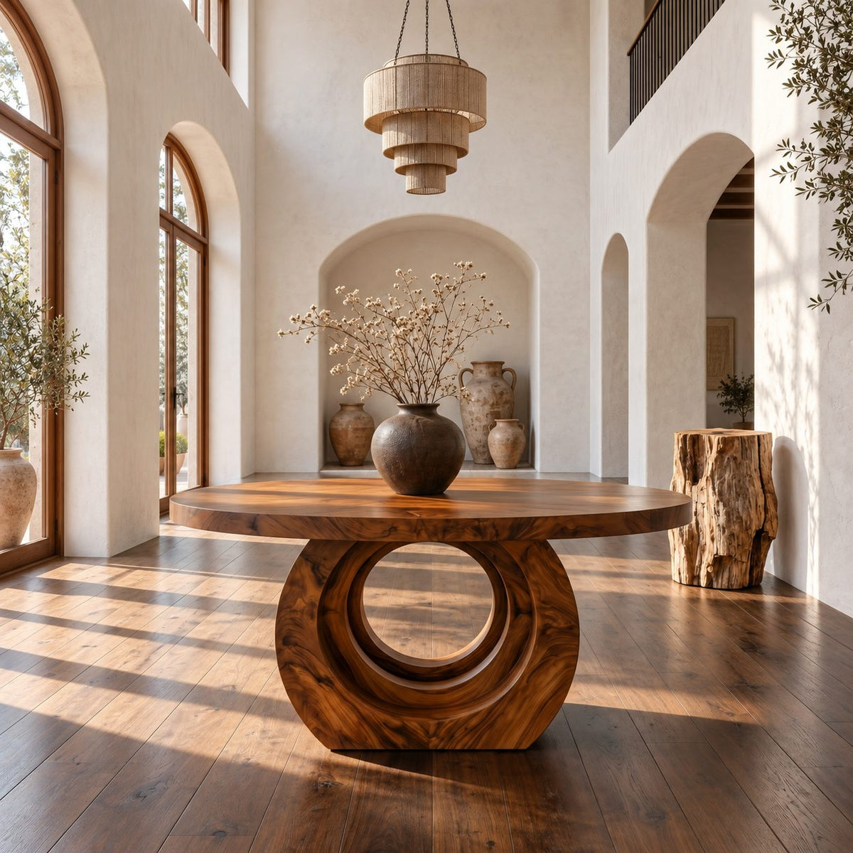 Contemporary Round Foyer Table with Open Ring Arch Base, Solid Wood Entryway Center Table