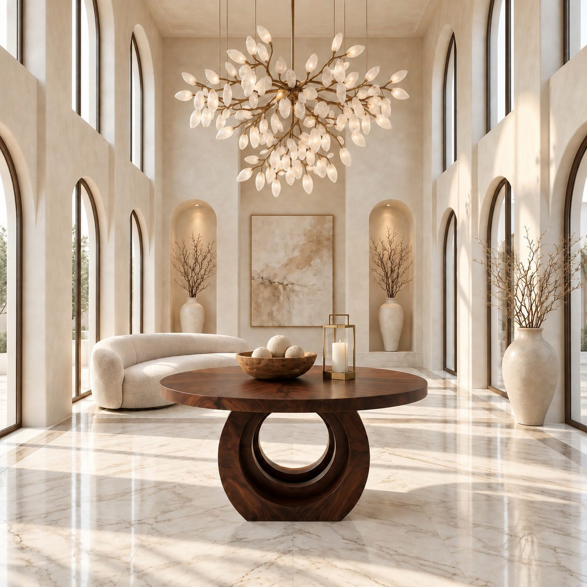 Contemporary Round Foyer Table with Open Ring Arch Base, Solid Wood Entryway Center Table