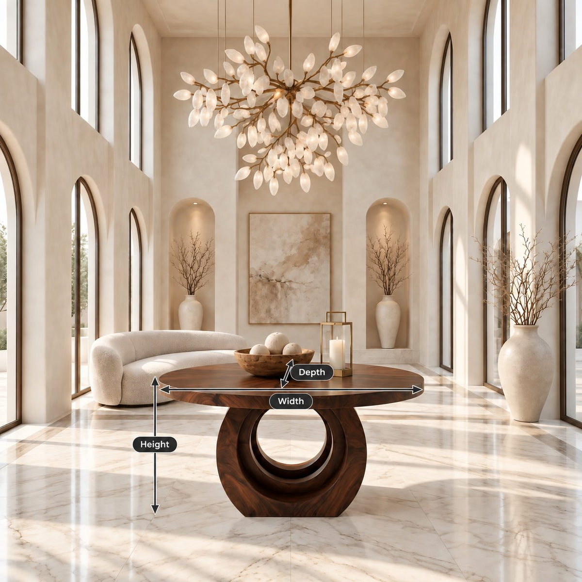 Contemporary Round Foyer Table with Open Ring Arch Base, Solid Wood Entryway Center Table