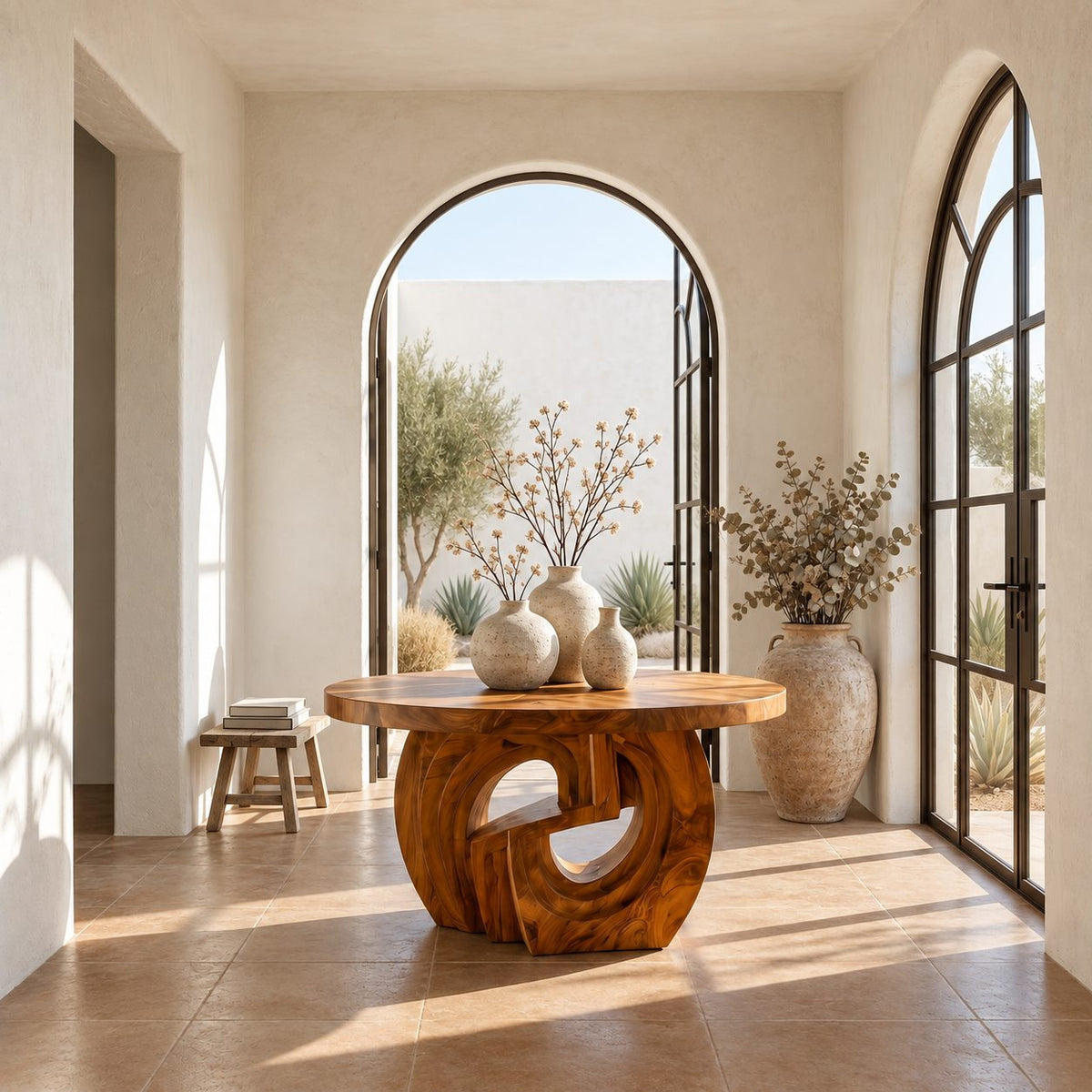 Round Entry Table with Interlocking Scroll Curl Pedestal, Rustic Carved Solid Wood Foyer Table
