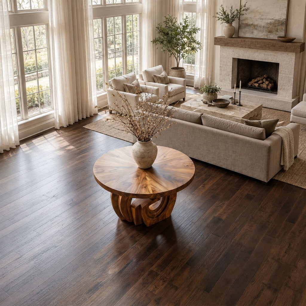 Round Entry Table with Interlocking Scroll Curl Pedestal, Rustic Carved Solid Wood Foyer Table