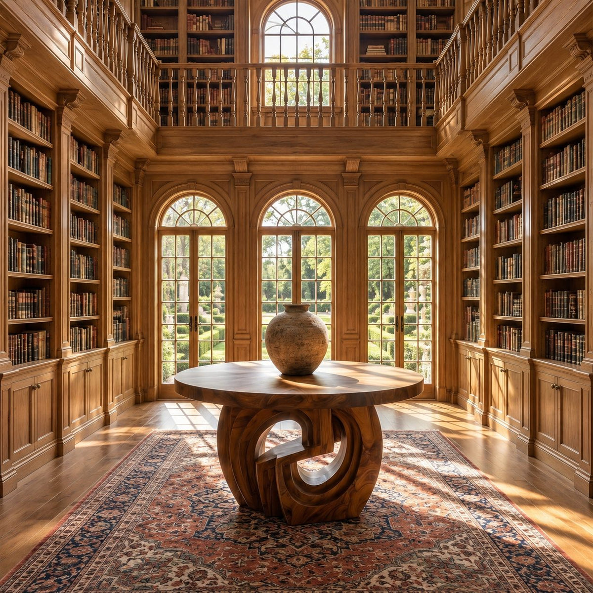 Round Entry Table with Interlocking Scroll Curl Pedestal, Rustic Carved Solid Wood Foyer Table